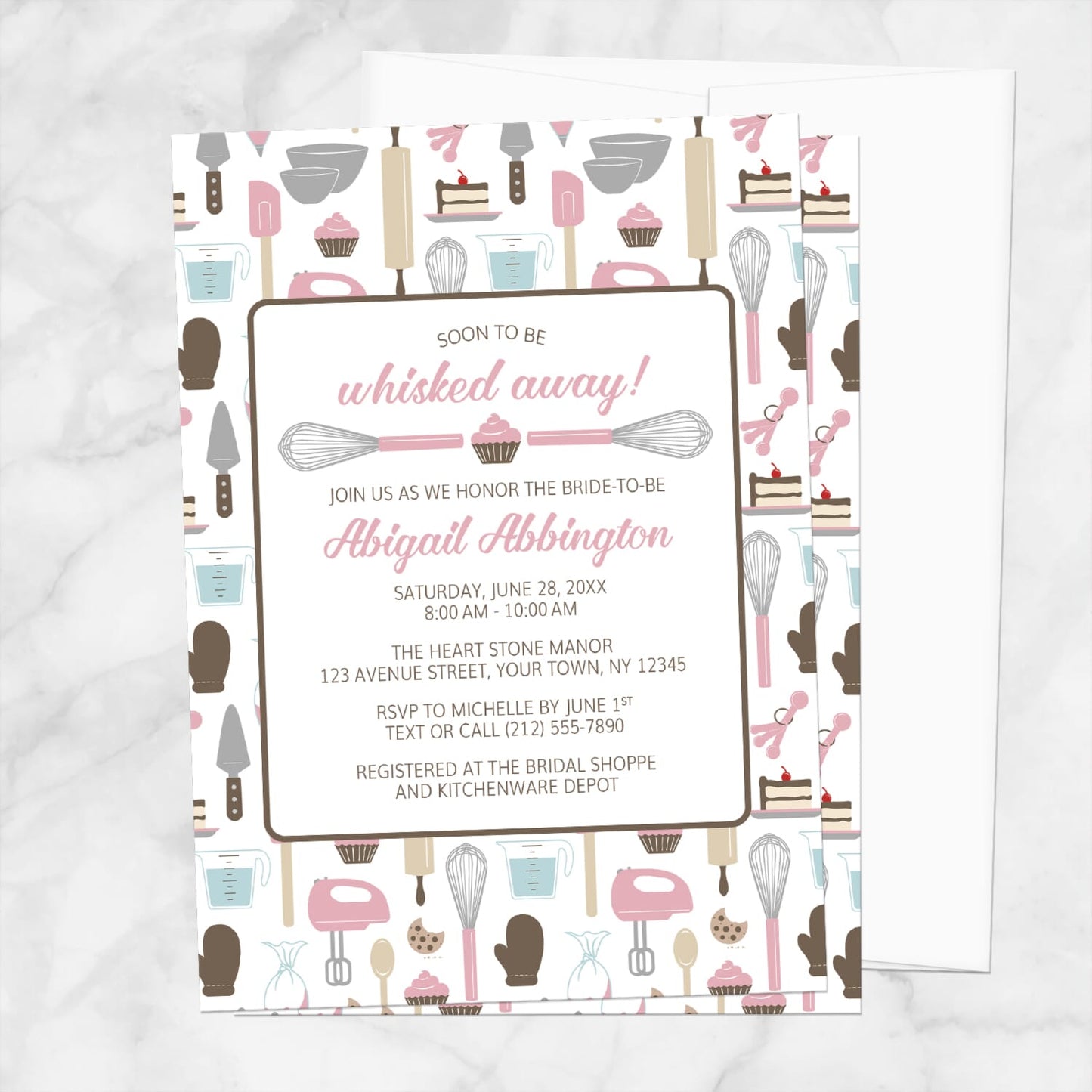 Bridal shower invitation with kitchen utensil pattern on a white background