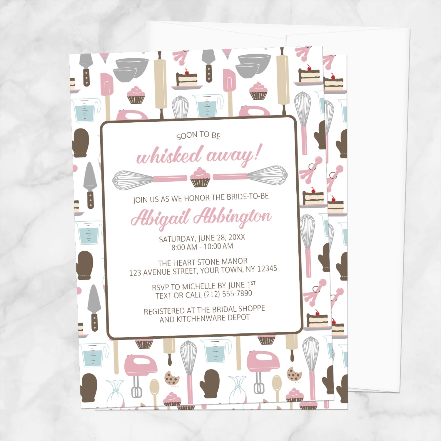 Bridal shower invitation with kitchen utensil pattern on a white background