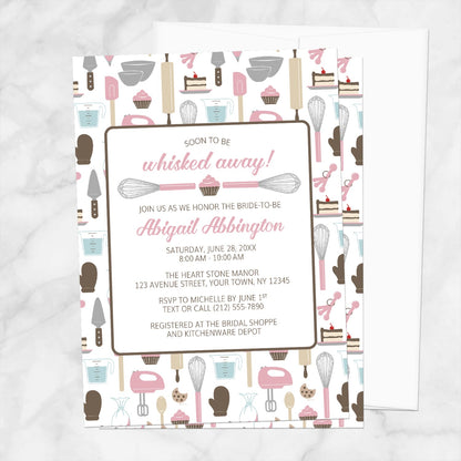 Bridal shower invitation with kitchen utensil pattern on a white background