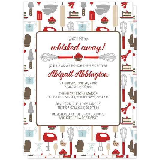 Whisked Away Red Baking Bridal Shower Invitation at Artistically Invited. Invitations designed with a cute pattern of baking tools in a red, brown, beige, and gray color scheme. It includes baking kitchen tools such as whisks, mixers, measuring cups and spoons, spatulas, wooden spoons, and more. Don't miss the sweet additions of cupcakes, cookies, and a slice of cake. Your personalized bridal shower celebration details are arranged in red and brown on white over the red baking pattern.