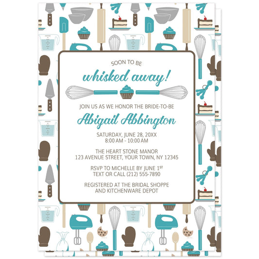 Whisked Away Turquoise Baking Bridal Shower Invitation at Artistically Invited. Invitations designed with a cute pattern of baking tools in a turquoise, brown, beige, and gray color scheme. It includes baking kitchen tools such as whisks, mixers, measuring cups and spoons, spatulas, wooden spoons, and more. Don't miss the sweet additions of cupcakes, cookies, and a slice of cake. Your personalized bridal shower celebration details are arranged in turquoise & brown on white over the turquoise baking pattern.