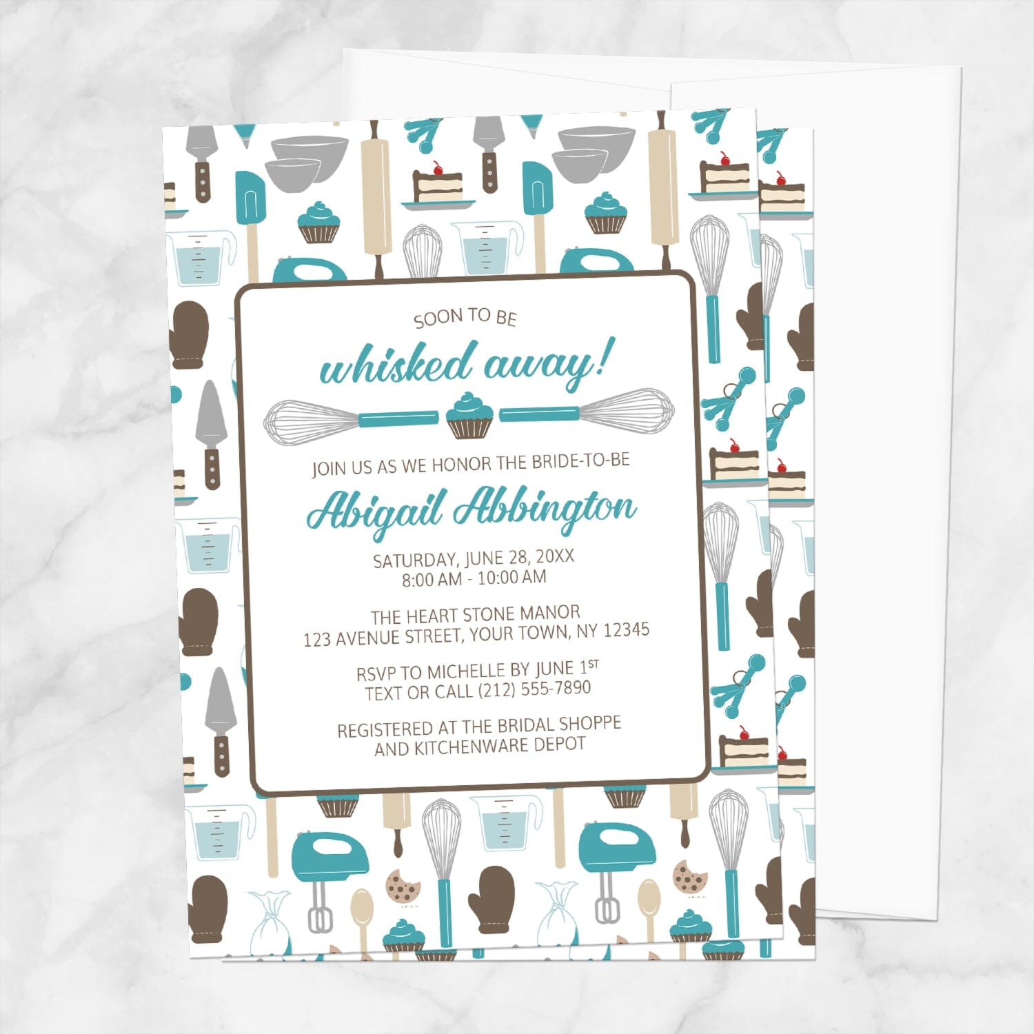 Whisked Away Turquoise Baking Bridal Shower Invitation with a kitchen tools and sweets theme, shown on a marble surface with a white envelope.