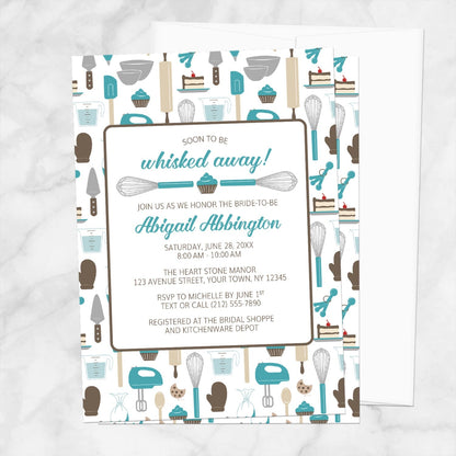 Whisked Away Turquoise Baking Bridal Shower Invitation with a kitchen tools and sweets theme, shown on a marble surface with a white envelope.