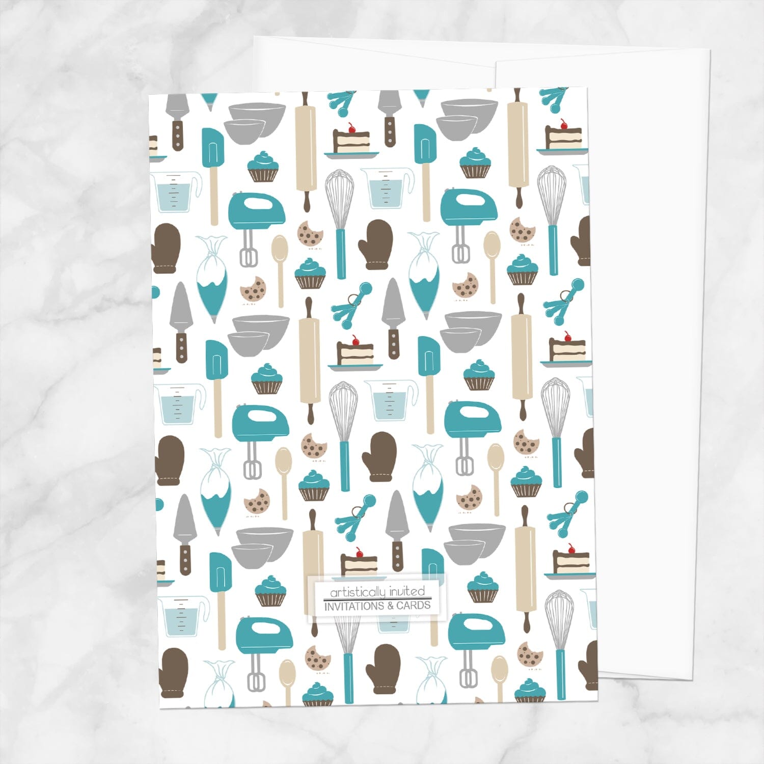 The backside of the Whisked Away Turquoise Baking Bridal Shower Invitation with a kitchen tools and sweets theme, shown on a marble surface with a white envelope.
