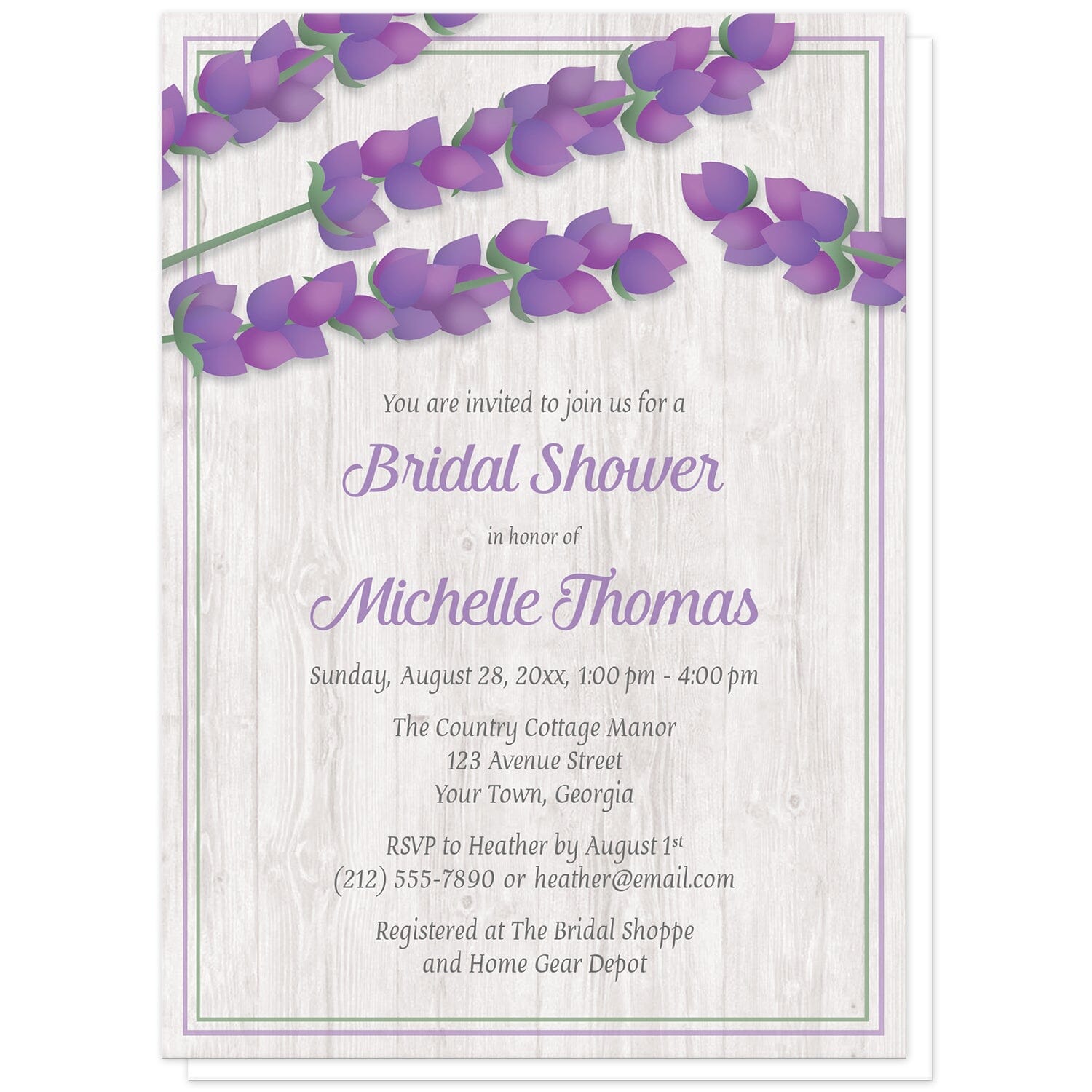Whitewashed Wood Lavender Bridal Shower Invitations at Artistically Invited. Lovely whitewashed wood lavender bridal shower invitations with a rustic chic design featuring illustrated purple lavender stems along the top over a light whitewashed wood background illustration outlined with purple and green. Your personalized bridal shower celebration details are custom printed in purple and gray over the whitewashed wood below the lavender.