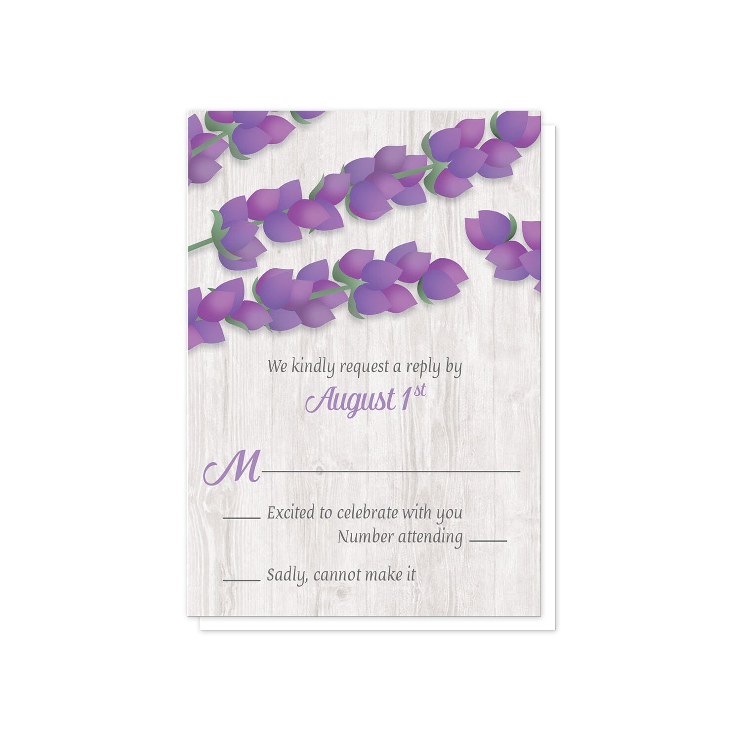 Whitewashed Wood Lavender RSVP Cards at Artistically Invited.