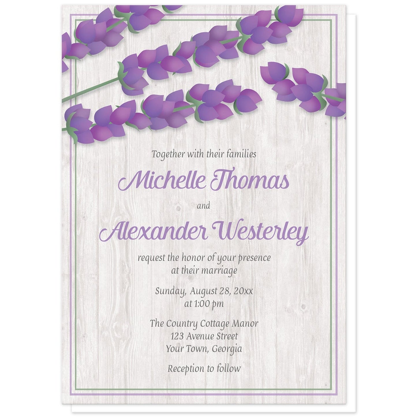 Whitewashed Wood Lavender Wedding Invitations at Artistically Invited. Pretty whitewashed wood lavender wedding invitations with a rustic chic design featuring illustrated purple lavender stems along the top over a light whitewashed wood background illustration outlined with purple and green. Your personalized marriage celebration details are custom printed in purple and gray over the whitewashed wood.