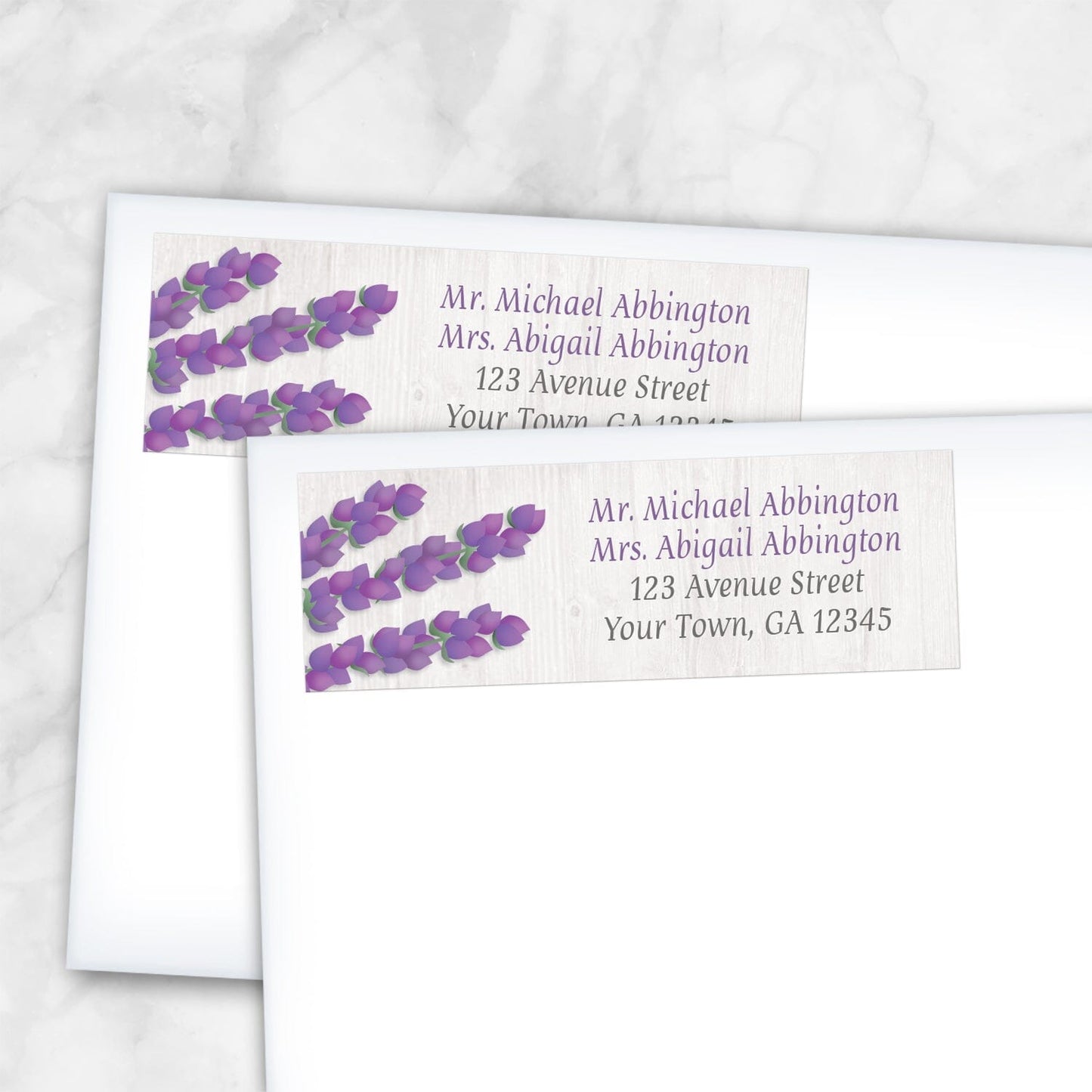 2 Whitewashed Wood Lavender Address Labels shown on white envelopes on a marble surface