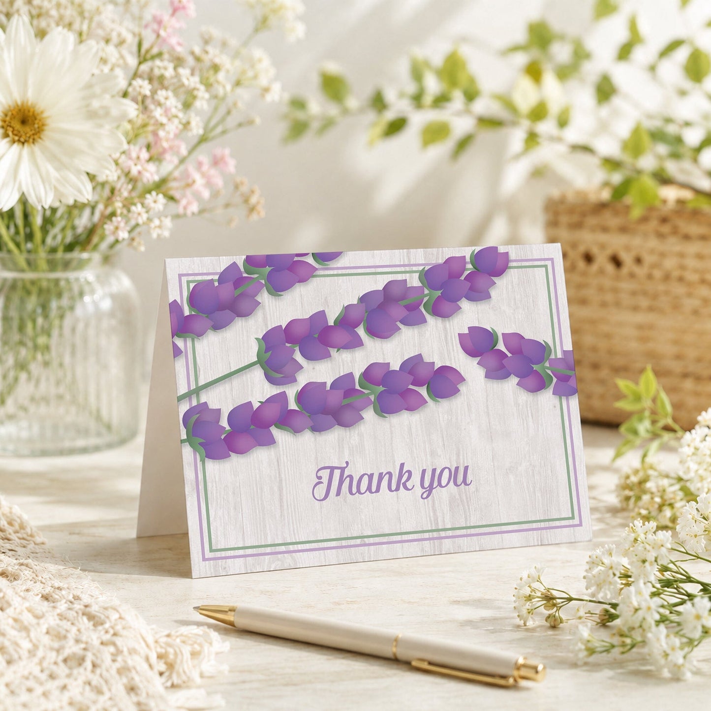 Whitewashed Wood Lavender Thank You Card shown on a tabletop with a vase, spring and summer flowers, and a pen.