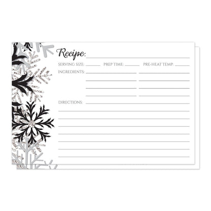 Winter Black Silver Snowflake Recipe Cards at Artistically Invited. Winter black silver snowflake recipe cards designed with black, gray, and silver glitter-illustrated snowflakes along the left side. The recipe is to be handwritten over white on the remaining area of the recipe cards beside the snowflakes design.