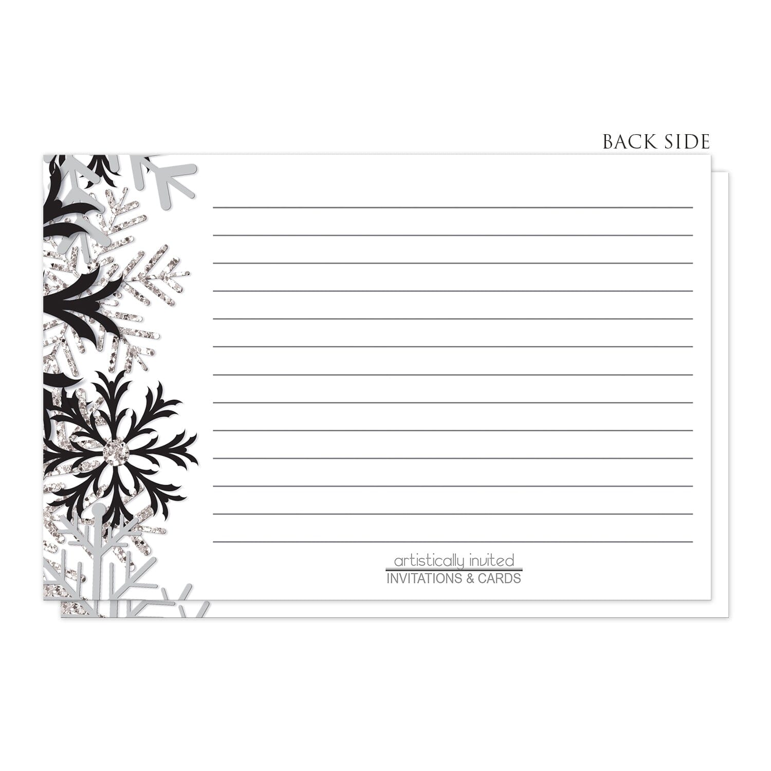 Winter Black Silver Snowflake Recipe Cards (back side) at Artistically Invited.