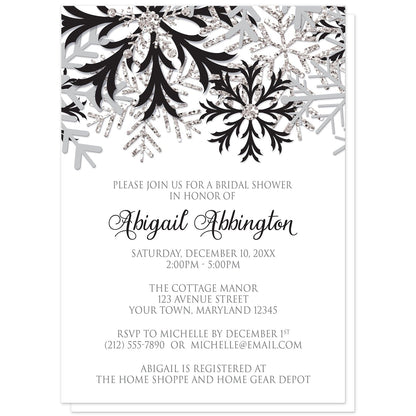 Winter Black Silver Snowflake Bridal Shower Invitations at Artistically Invited. Beautiful winter bridal shower invitations designed with black, gray, and silver-colored glitter-illustrated snowflakes along the top. Your personalized bridal shower celebration details are custom printed in black and gray on white below the pretty black snowflakes.