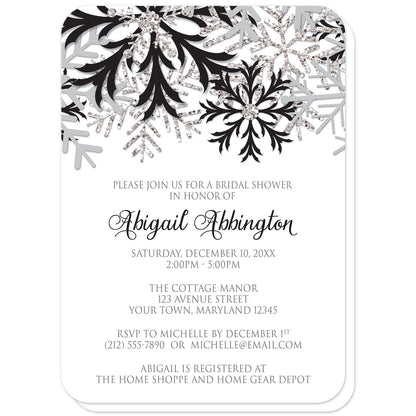 Winter Black Silver Snowflake Bridal Shower Invitations (with rounded corners) at Artistically Invited. Beautiful winter bridal shower invitations designed with black, gray, and silver-colored glitter-illustrated snowflakes along the top. Your personalized bridal shower celebration details are custom printed in black and gray on white below the pretty black snowflakes.