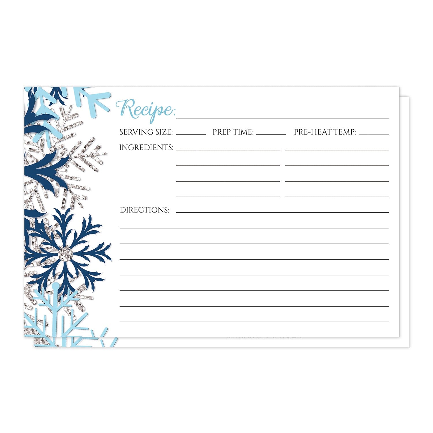 Winter Blue Silver Snowflake Recipe Cards at Artistically Invited. Winter blue silver snowflake recipe cards designed with aqua blue, navy blue, and silver-colored glitter-illustrated snowflakes along the left side. The recipe is to be handwritten over white on the remaining area of the recipe cards beside the snowflakes design.