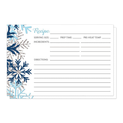 Winter Blue Silver Snowflake Recipe Cards at Artistically Invited. Winter blue silver snowflake recipe cards designed with aqua blue, navy blue, and silver-colored glitter-illustrated snowflakes along the left side. The recipe is to be handwritten over white on the remaining area of the recipe cards beside the snowflakes design.