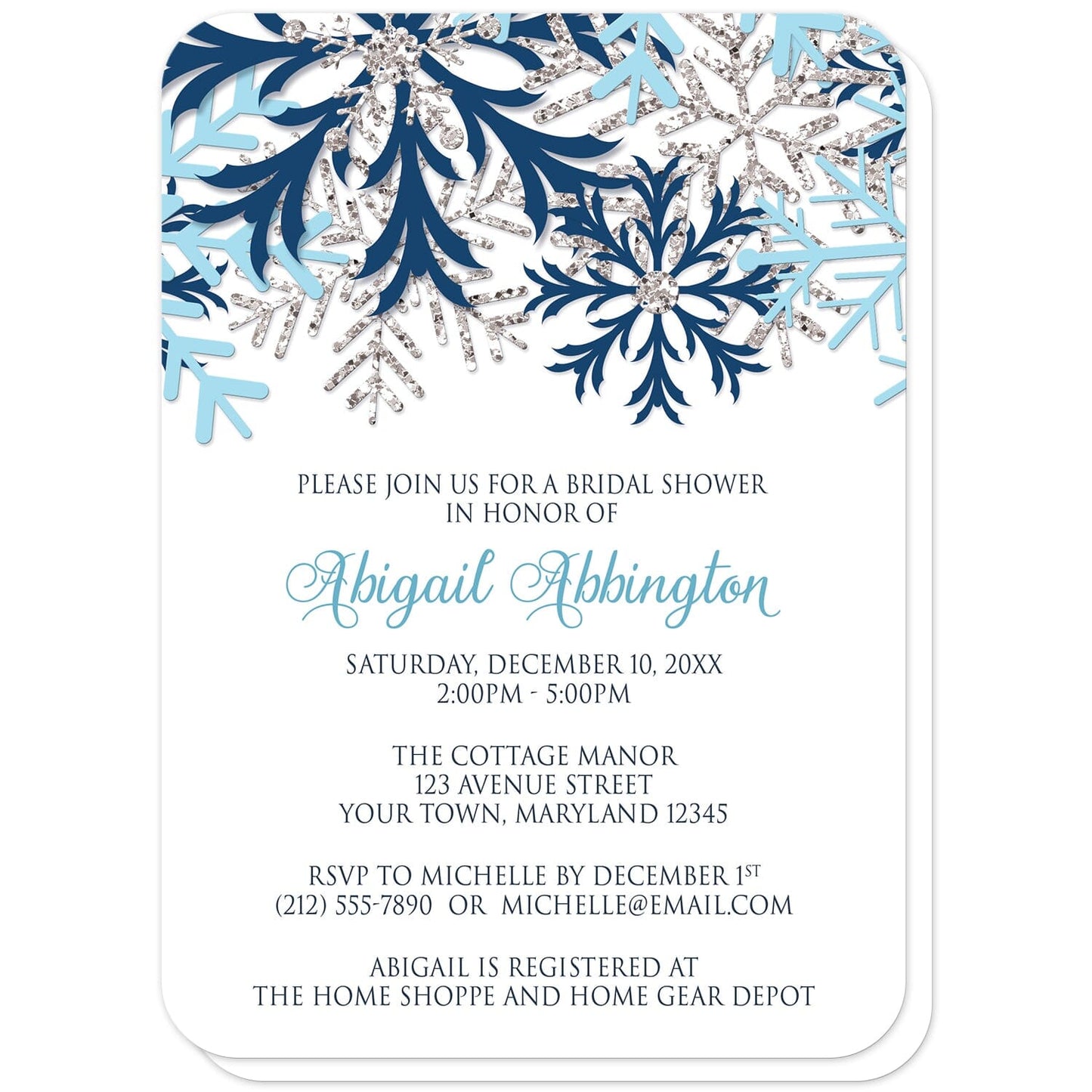 Winter Blue Silver Snowflake Bridal Shower Invitations (with rounded corners) at Artistically Invited. Beautiful winter blue silver snowflake bridal shower invitations designed with navy blue, aqua blue, and silver-colored glitter-illustrated snowflakes along the top over a white background. Your personalized bridal shower celebration details are custom printed in blue and navy blue below the pretty snowflakes.