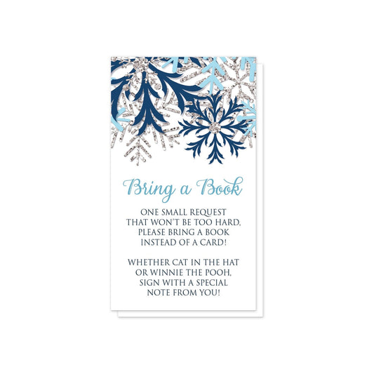 Winter Blue Silver Snowflake Bring a Book Cards at Artistically Invited. Pretty winter blue silver snowflake bring a book cards designed with navy blue, aqua blue, and silver-colored glitter-illustrated snowflakes along the top. Your book request details are printed in blue and navy blue over white below the snowflakes.