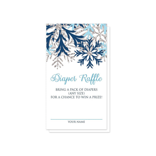 Winter Blue Silver Snowflake Diaper Raffle Cards at Artistically Invited. Pretty winter blue silver snowflake diaper raffle cards designed with navy blue, aqua blue, and silver glitter-illustrated snowflakes along the top of the cards. Your diaper raffle details are printed in blue and gray on white below the snowflakes. 