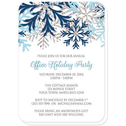 Winter Blue Silver Snowflake Holiday Party Invitations (with rounded corners) at Artistically Invited. Winter blue silver snowflake holiday party invitations with navy blue, aqua blue, and silver-colored glitter-illustrated snowflakes over a white background. Your personalized party details for your home or office party are custom printed in gray and blue. The occasion title is printed in a whimsical blue script font while your remaining details are printed in an all-capital letters gray serif font.