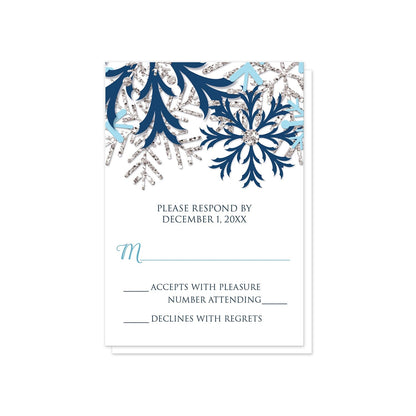 Winter Blue Silver Snowflake RSVP Cards at Artistically Invited.