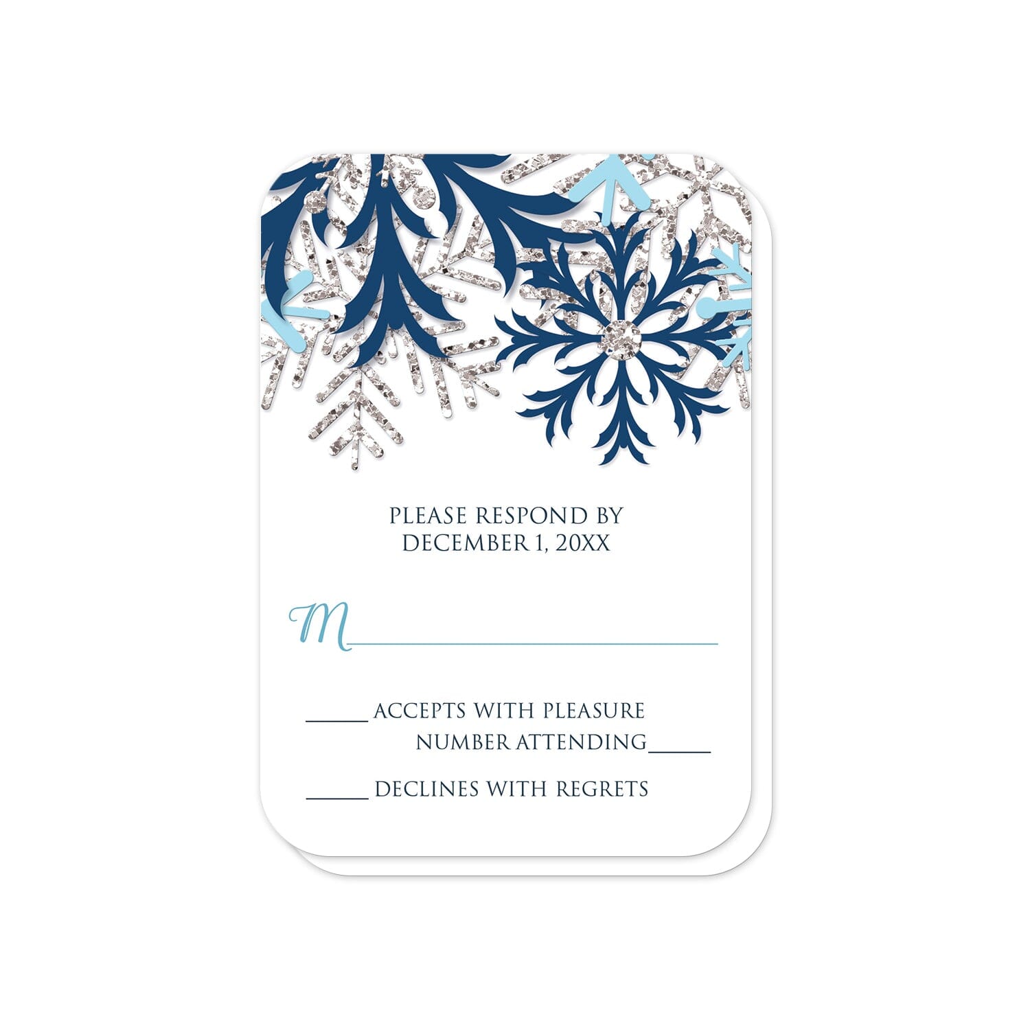 Winter Blue Silver Snowflake RSVP Cards (with rounded corners) at Artistically Invited.