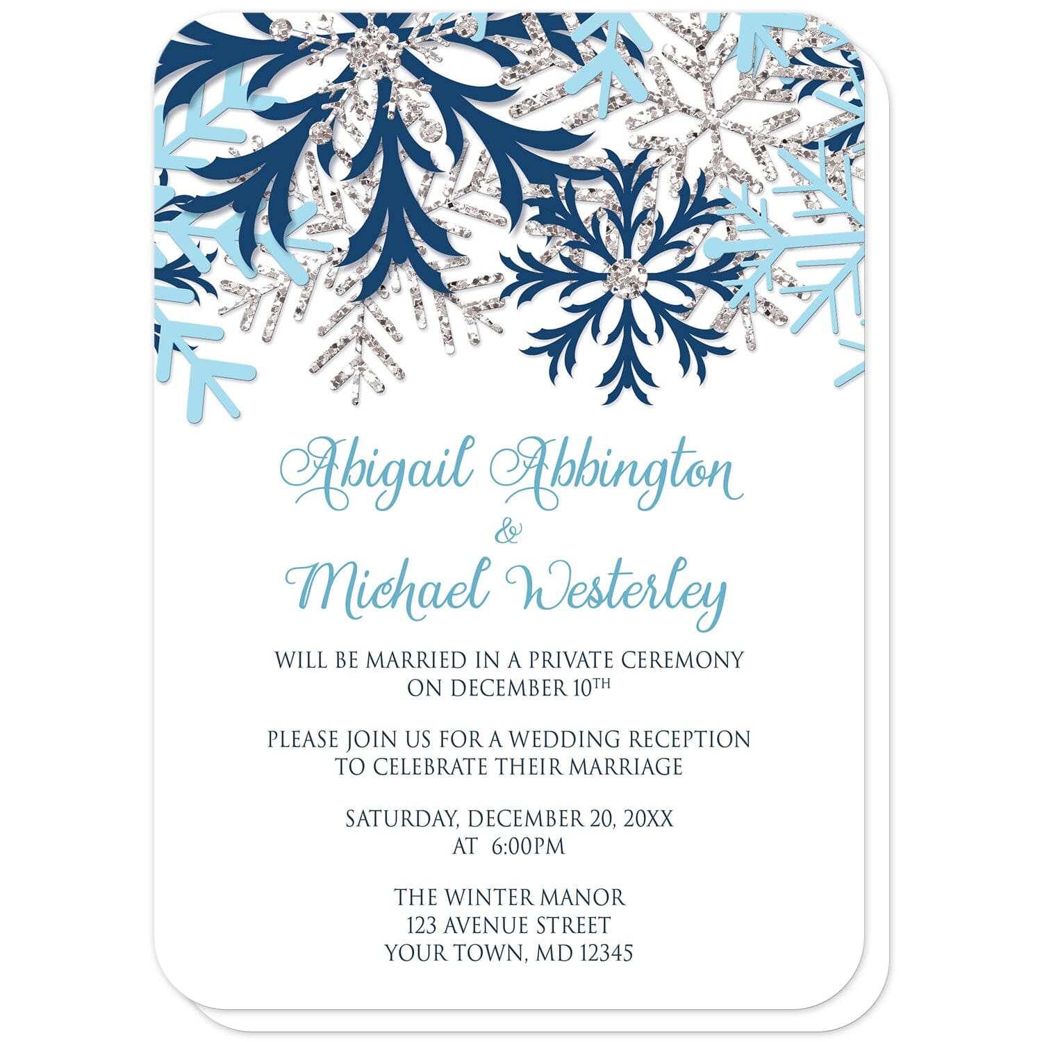 Winter Blue Silver Snowflake Reception Only Invitations (with rounded corners) at Artistically Invited. Beautiful winter blue silver snowflake reception only invitations designed with navy blue, aqua blue, and silver-colored glitter-illustrated snowflakes along the top over a white background. Your personalized post-wedding reception details are custom printed in blue and gray below the pretty snowflakes.
