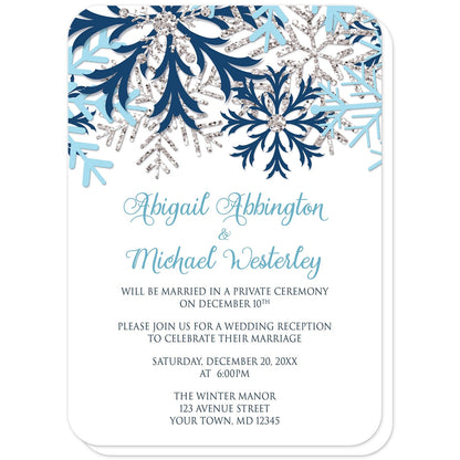 Winter Blue Silver Snowflake Reception Only Invitations (with rounded corners) at Artistically Invited. Beautiful winter blue silver snowflake reception only invitations designed with navy blue, aqua blue, and silver-colored glitter-illustrated snowflakes along the top over a white background. Your personalized post-wedding reception details are custom printed in blue and gray below the pretty snowflakes.