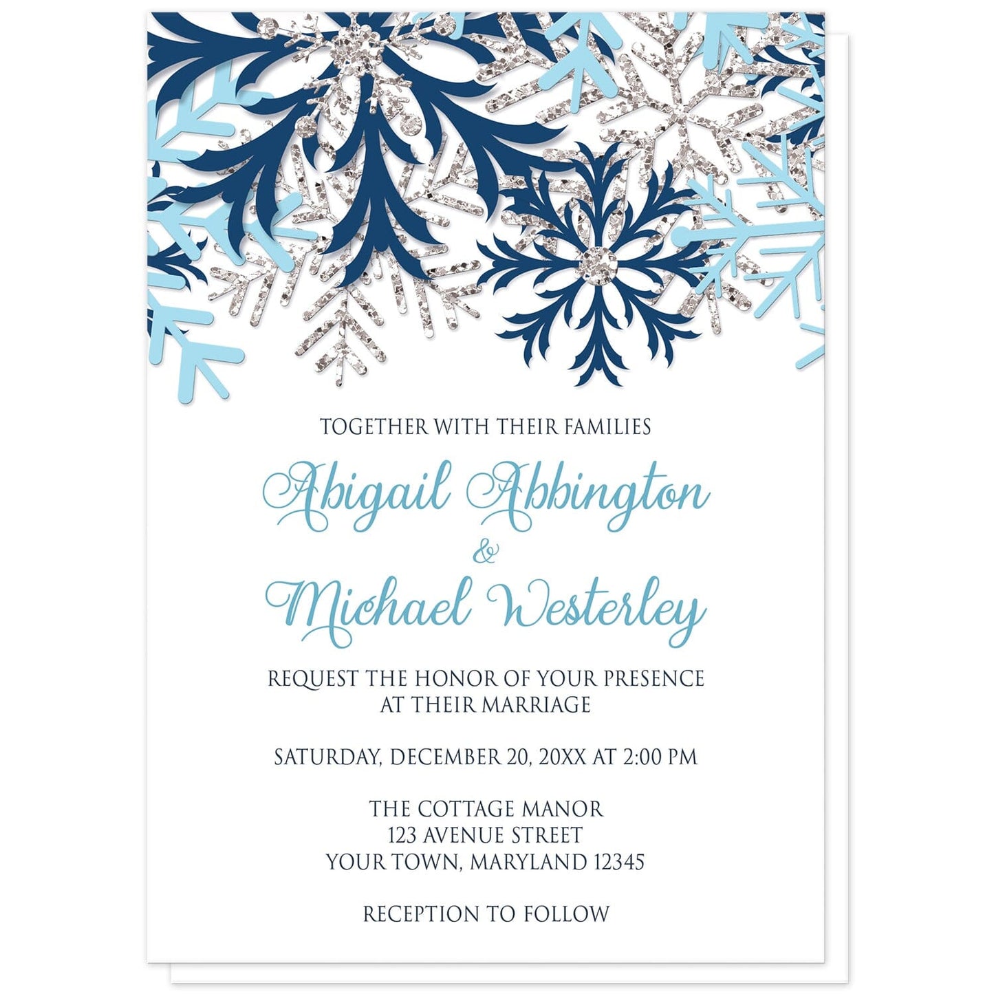 Winter Blue Silver Snowflake Wedding Invitations at Artistically Invited. Beautiful winter blue silver snowflake wedding invitations designed with navy blue, aqua blue, and silver-colored glitter-illustrated snowflakes along the top over a white background. Your personalized marriage celebration details are custom printed in blue and navy blue below the pretty snowflakes.