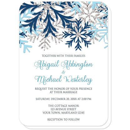 Winter Blue Silver Snowflake Wedding Invitations (with rounded corners) at Artistically Invited. Beautiful winter blue silver snowflake wedding invitations designed with navy blue, aqua blue, and silver-colored glitter-illustrated snowflakes along the top over a white background. Your personalized marriage celebration details are custom printed in blue and navy blue below the pretty snowflakes.