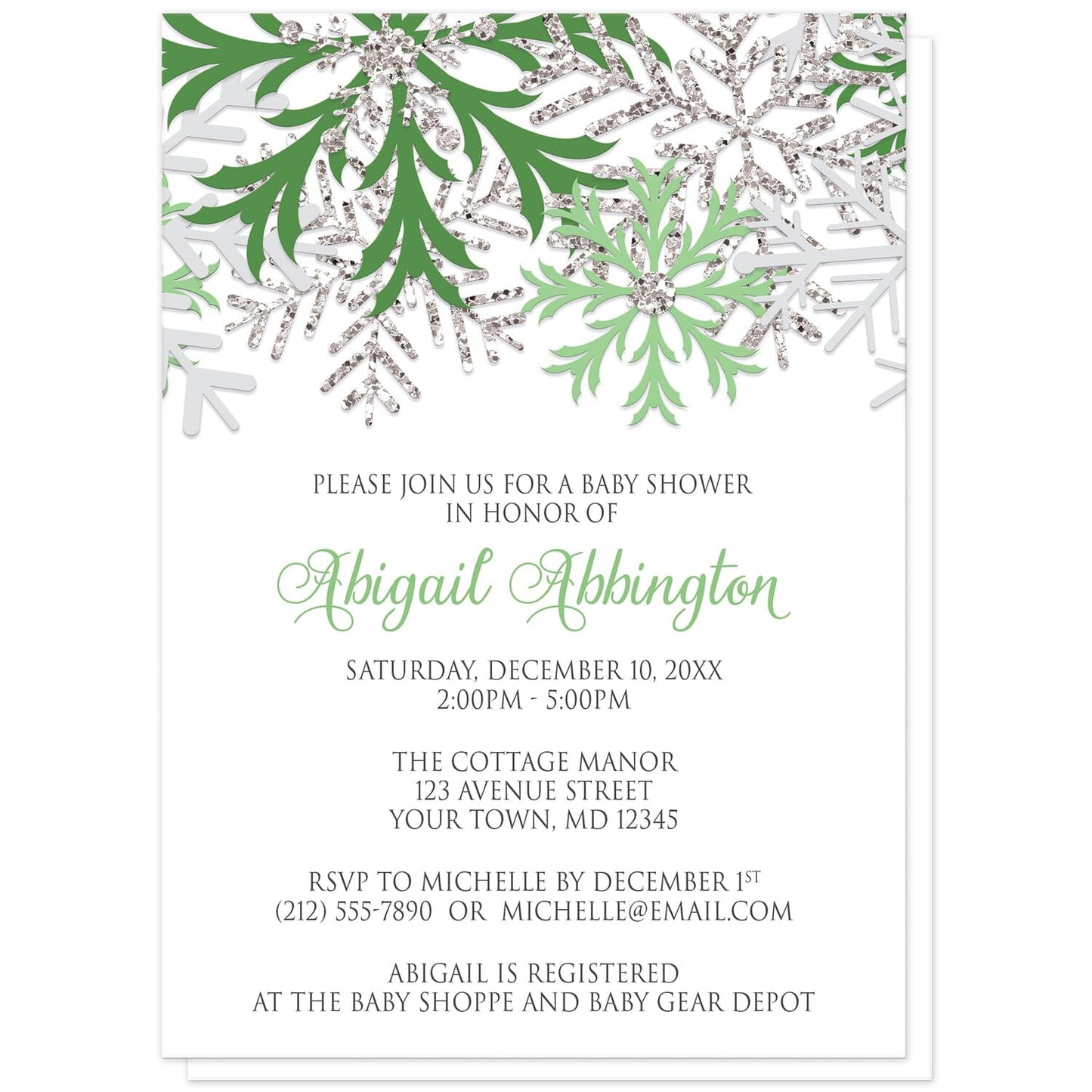 Winter Green Silver Snowflake Baby Shower Invitations at Artistically Invited. Beautiful winter green silver snowflake baby shower invitations designed with green, light green, silver-colored glitter-illustrated, and light gray snowflakes along the top over a white background. Your personalized baby shower celebration details are custom printed in green and gray below the pretty snowflakes.
