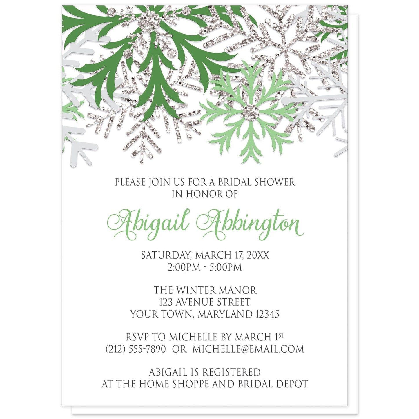 Winter Green Silver Snowflake Bridal Shower Invitations at Artistically Invited. Beautiful winter green silver snowflake bridal shower invitations designed with green, light green, silver-colored glitter-illustrated, and light gray snowflakes along the top over a white background. Your personalized bridal shower celebration details are arranged in green and gray below the pretty snowflakes.