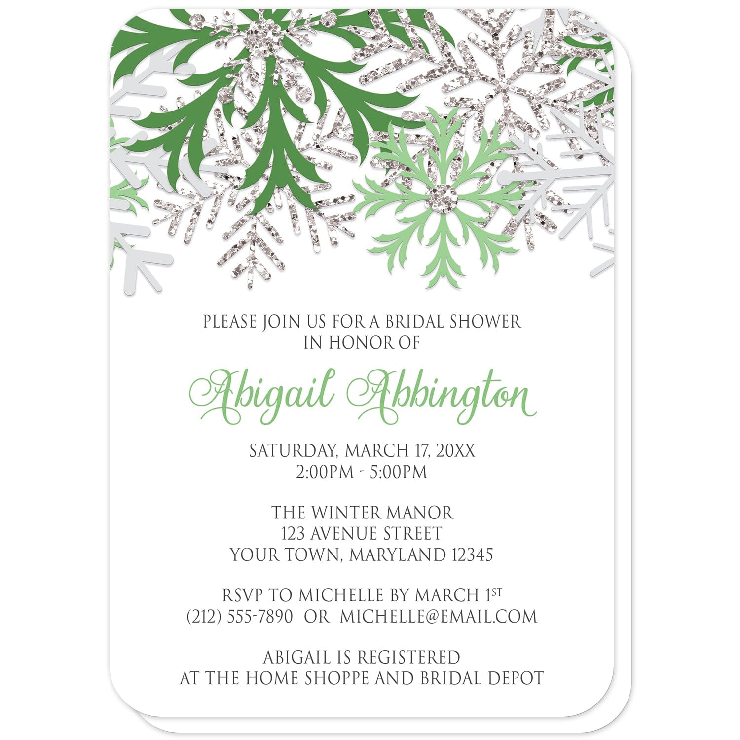 Winter Green Silver Snowflake Bridal Shower Invitations (with rounded corners) at Artistically Invited. Beautiful winter green silver snowflake bridal shower invitations designed with green, light green, silver-colored glitter-illustrated, and light gray snowflakes along the top over a white background. Your personalized bridal shower celebration details are custom printed in green and gray below the pretty snowflakes.