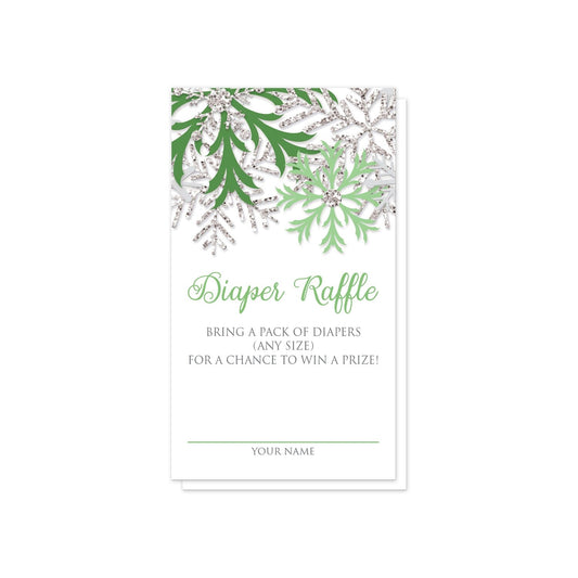 Winter Green Silver Snowflake Diaper Raffle Cards at Artistically Invited. Pretty winter green silver snowflake diaper raffle cards designed with green, light green, and silver glitter-illustrated snowflakes along the top of the cards. Your diaper raffle details are printed in green and gray on white below the snowflakes. 