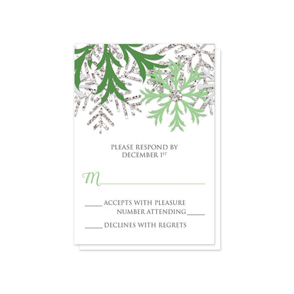 Winter Green Silver Snowflake RSVP Cards at Artistically Invited.