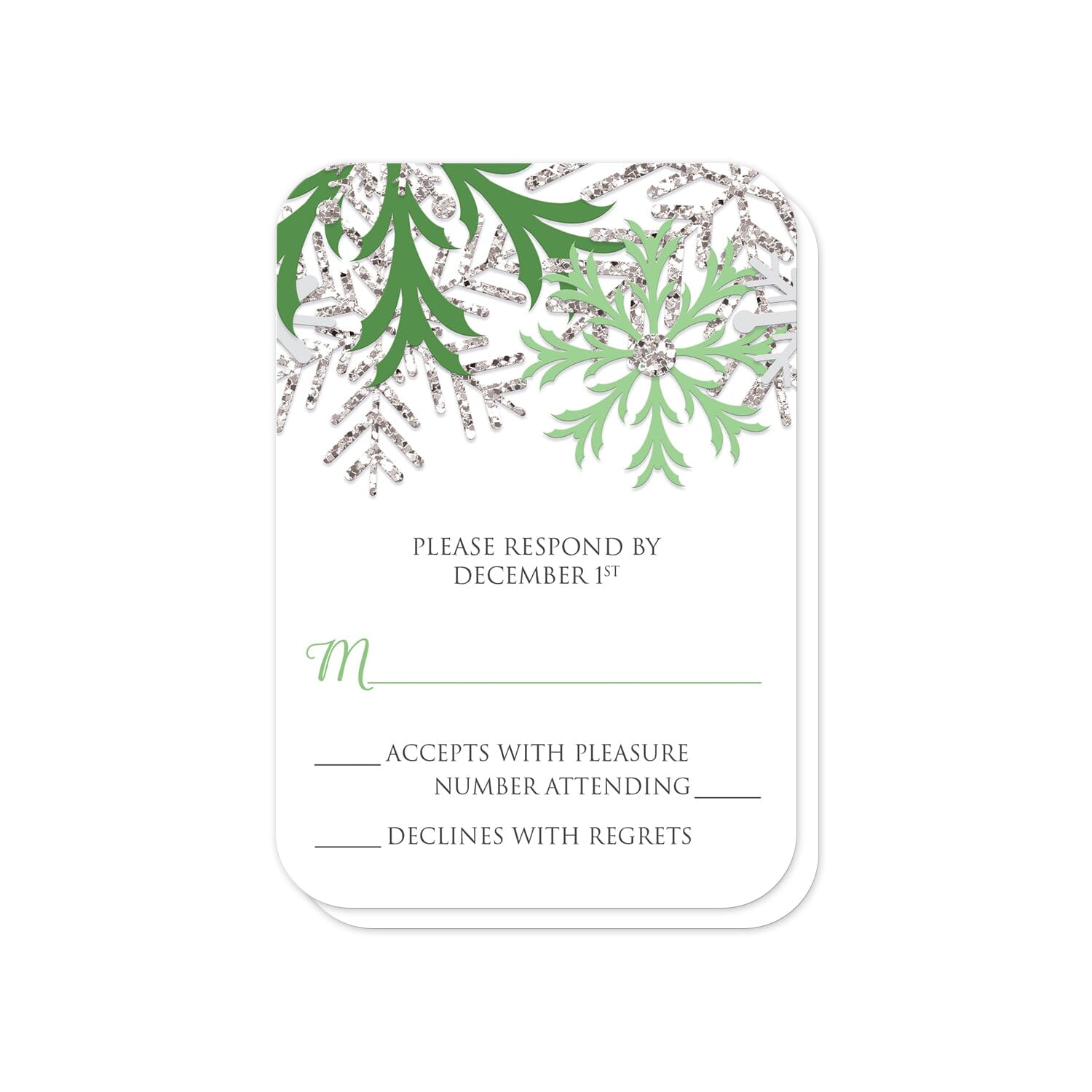 Winter Green Silver Snowflake RSVP Cards (with rounded corners) at Artistically Invited.