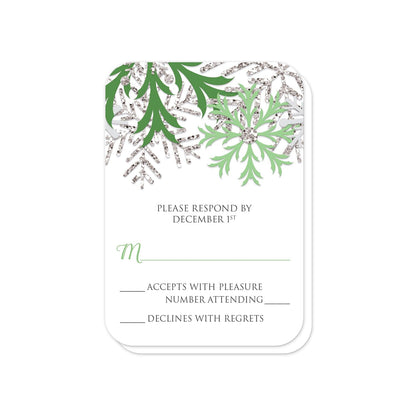 Winter Green Silver Snowflake RSVP Cards (with rounded corners) at Artistically Invited.