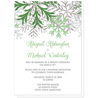 Winter Green Silver Snowflake Reception Only Invitations at Artistically Invited. Beautiful winter green silver snowflake reception only invitations designed with green, light green, silver-colored glitter-illustrated, and light gray snowflakes along the top over a white background. Your personalized post-wedding reception details are custom printed in green and gray below the pretty snowflakes.