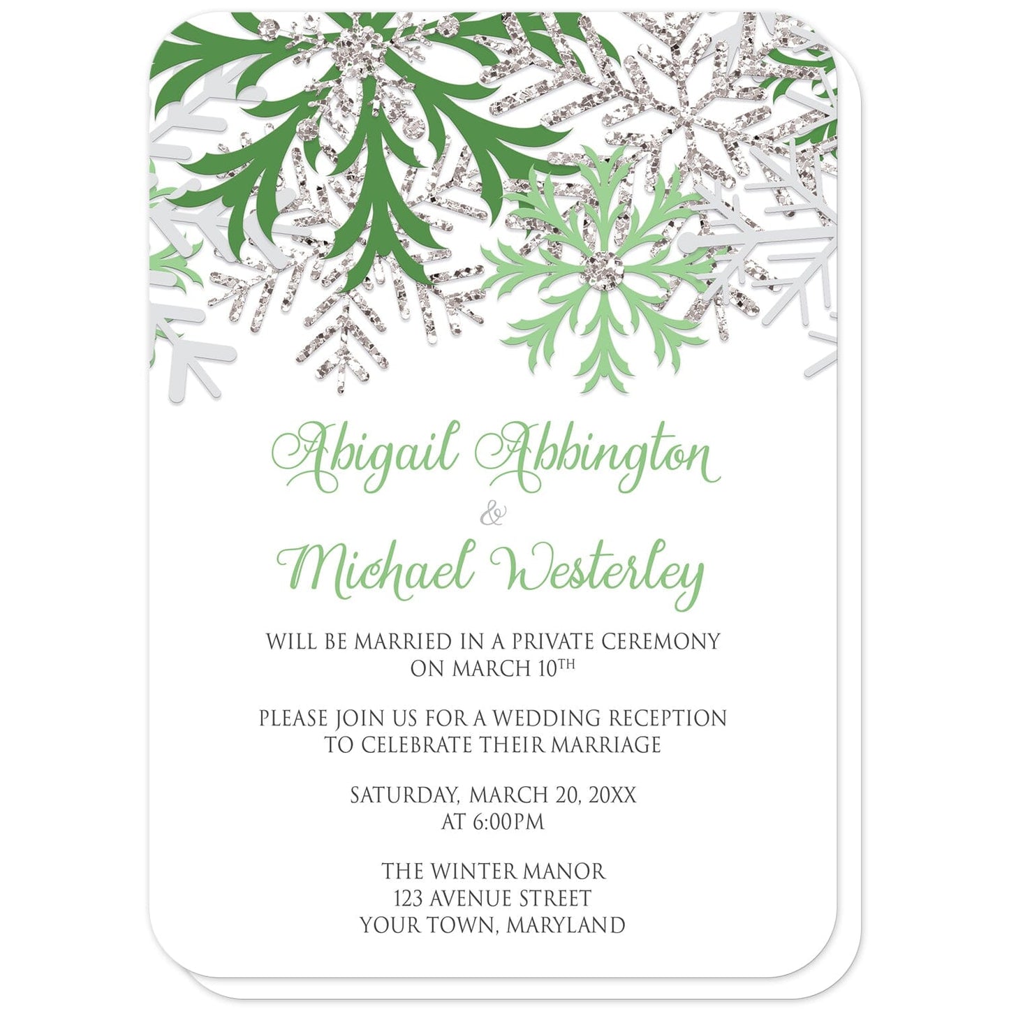 Winter Green Silver Snowflake Reception Only Invitations (with rounded corners) at Artistically Invited. Beautiful winter green silver snowflake reception only invitations designed with green, light green, silver-colored glitter-illustrated, and light gray snowflakes along the top over a white background. Your personalized post-wedding reception details are custom printed in green and gray below the pretty snowflakes.