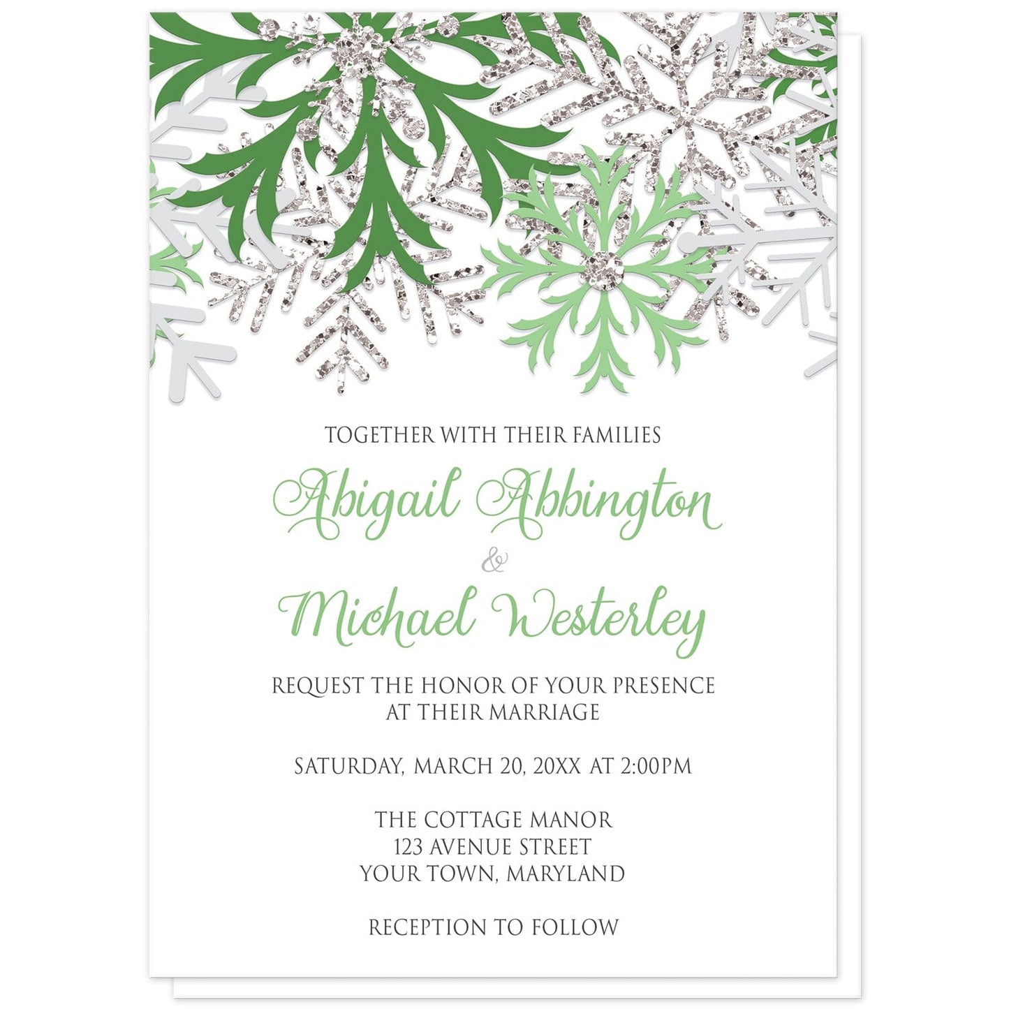 Winter Green Silver Snowflake Wedding Invitations at Artistically Invited. Beautiful winter green silver snowflake wedding invitations designed with green, light green, silver-colored glitter-illustrated, and light gray snowflakes along the top over a white background. Your personalized marriage celebration details are custom printed in green and gray below the pretty snowflakes.