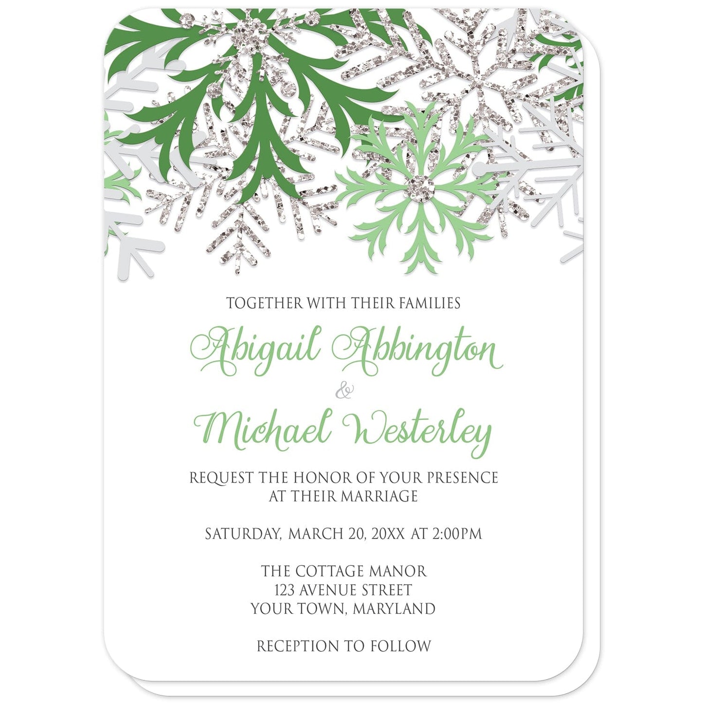 Winter Green Silver Snowflake Wedding Invitations (with rounded corners) at Artistically Invited. Beautiful winter green silver snowflake wedding invitations designed with green, light green, silver-colored glitter-illustrated, and light gray snowflakes along the top over a white background. Your personalized marriage celebration details are custom printed in green and gray below the pretty snowflakes.