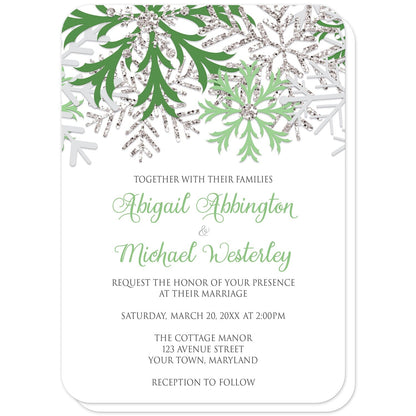 Winter Green Silver Snowflake Wedding Invitations (with rounded corners) at Artistically Invited. Beautiful winter green silver snowflake wedding invitations designed with green, light green, silver-colored glitter-illustrated, and light gray snowflakes along the top over a white background. Your personalized marriage celebration details are custom printed in green and gray below the pretty snowflakes.