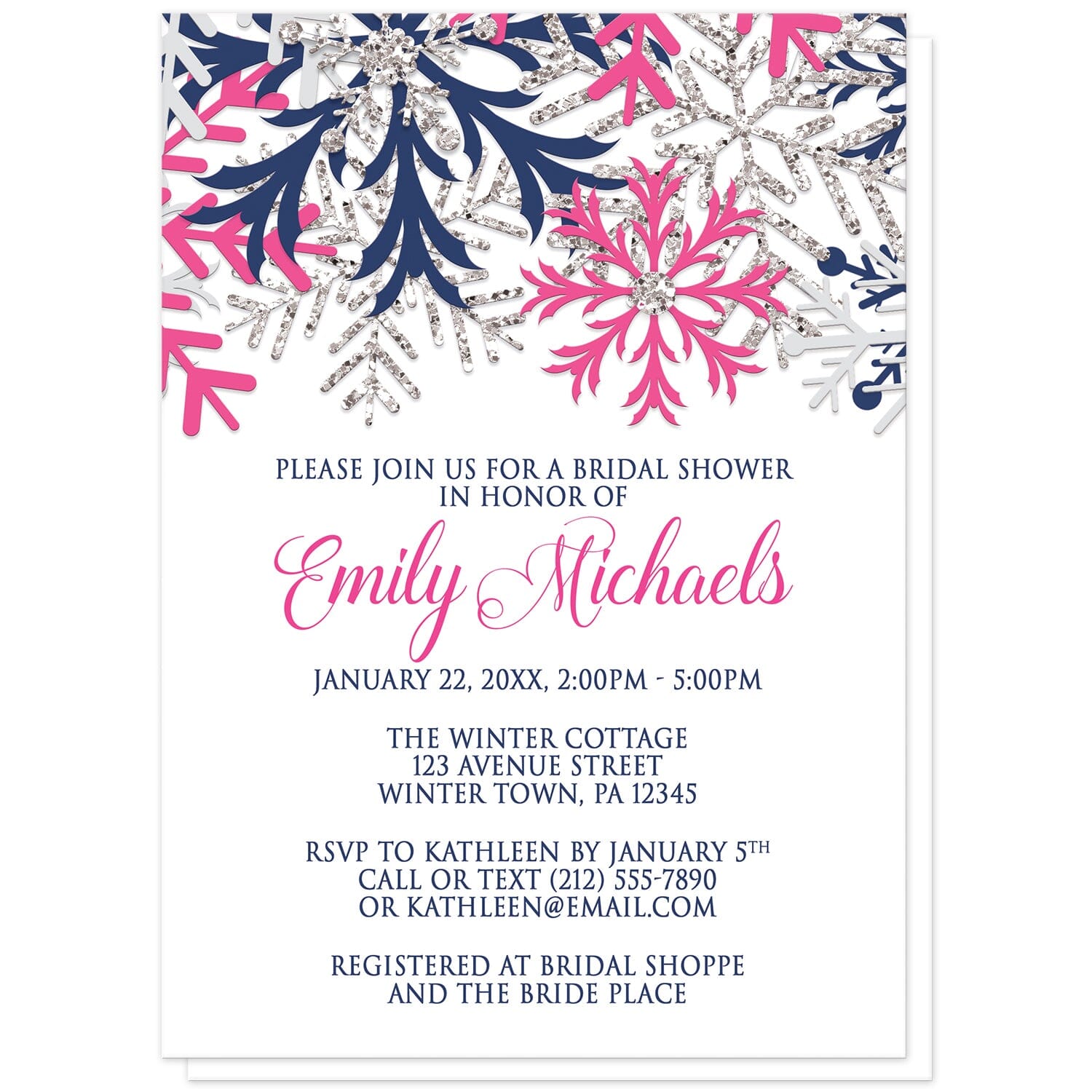 Winter Navy Fuchsia Snowflake Bridal Shower Invitations at Artistically Invited. Beautiful winter navy fuchsia snowflake bridal shower invitations designed with navy blue, fuchsia pink, silver-colored glitter-illustrated, and light gray snowflakes along the top over a white background. Your personalized bridal shower celebration details are custom printed in navy blue and fuchsia below the pretty snowflakes.