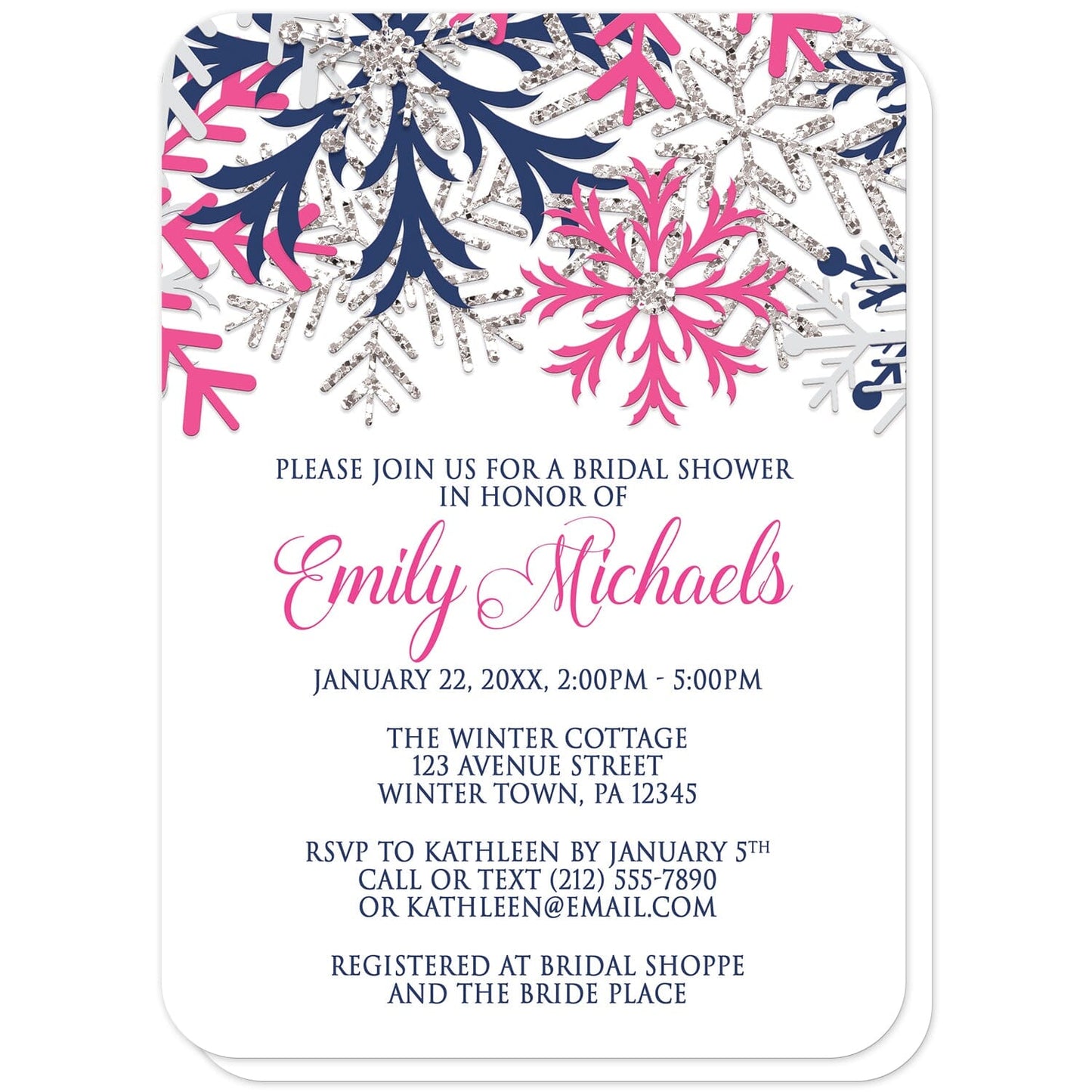 Winter Navy Fuchsia Snowflake Bridal Shower Invitations (with rounded corners) at Artistically Invited. Beautiful winter navy fuchsia snowflake bridal shower invitations designed with navy blue, fuchsia pink, silver-colored glitter-illustrated, and light gray snowflakes along the top over a white background. Your personalized bridal shower celebration details are custom printed in navy blue and fuchsia below the pretty snowflakes.
