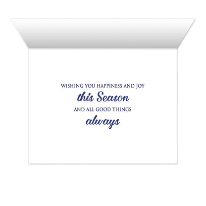 Inside text for the Winter Night Snow Christmas Cards at Artistically Invited. Reads: "Wishing you happiness and joy this Season and all good things always".