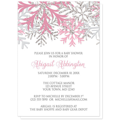 Winter Pink Silver Snowflake Baby Shower Invitations at Artistically Invited. Beautiful winter pink silver snowflake baby shower invitations designed with pink, light pink, silver-colored glitter-illustrated, and light gray snowflakes along the top over a white background. Your personalized baby shower celebration details are custom printed in pink and gray below the pretty snowflakes.