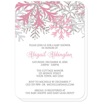 Winter Pink Silver Snowflake Baby Shower Invitations (with rounded corners) at Artistically Invited. Beautiful winter pink silver snowflake baby shower invitations designed with pink, light pink, silver-colored glitter-illustrated, and light gray snowflakes along the top over a white background. Your personalized baby shower celebration details are custom printed in pink and gray below the pretty snowflakes.