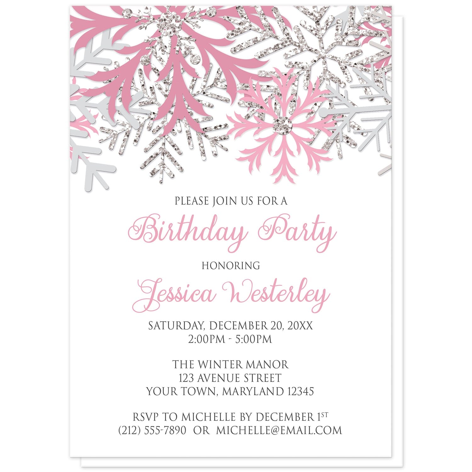 Winter Pink Silver Snowflake Birthday Party Invitations at Artistically Invited. Beautiful winter pink silver snowflake birthday party invitations designed with pink, light pink, silver-colored glitter-illustrated, and light gray snowflakes along the top over a white background. Your personalized birthday celebration details are custom printed in pink and gray below the pretty snowflakes.