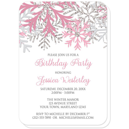 Winter Pink Silver Snowflake Birthday Party Invitations (with rounded corners) at Artistically Invited. Beautiful winter pink silver snowflake birthday party invitations designed with pink, light pink, silver-colored glitter-illustrated, and light gray snowflakes along the top over a white background. Your personalized birthday celebration details are custom printed in pink and gray below the pretty snowflakes.