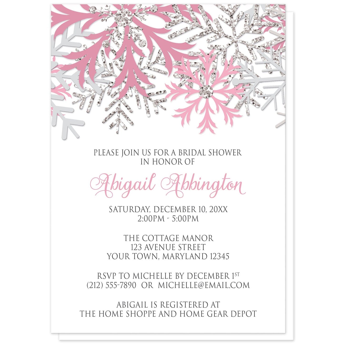 Winter Pink Silver Snowflake Bridal Shower Invitations at Artistically Invited.