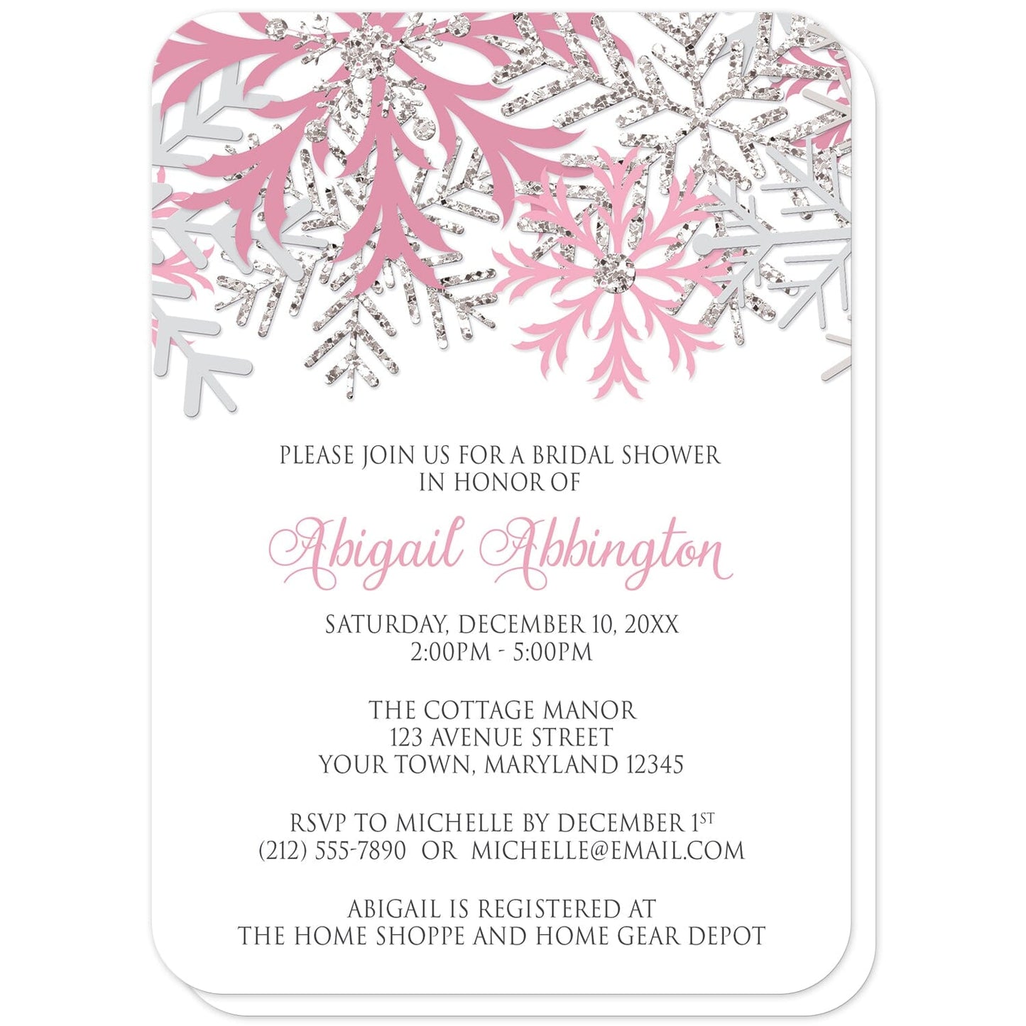 Winter Pink Silver Snowflake Bridal Shower Invitations (with rounded corners) at Artistically Invited.